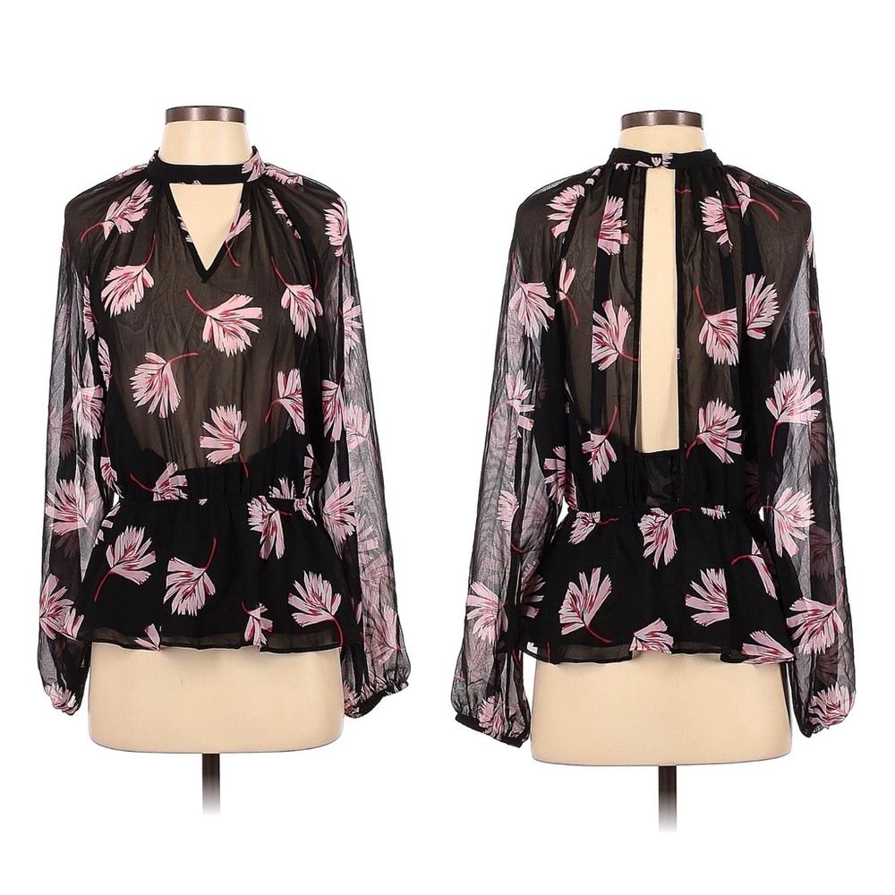 Express Womens Blouse Size S/P Black Floral Sheer Keyhole Open Back Shirt